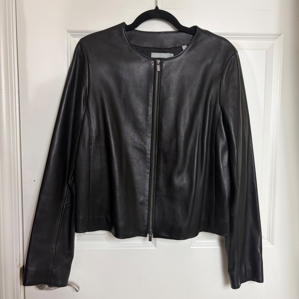 Vince Black Lamb Leather Collarless Zip Front Jacket Silk Lined V420690975 L